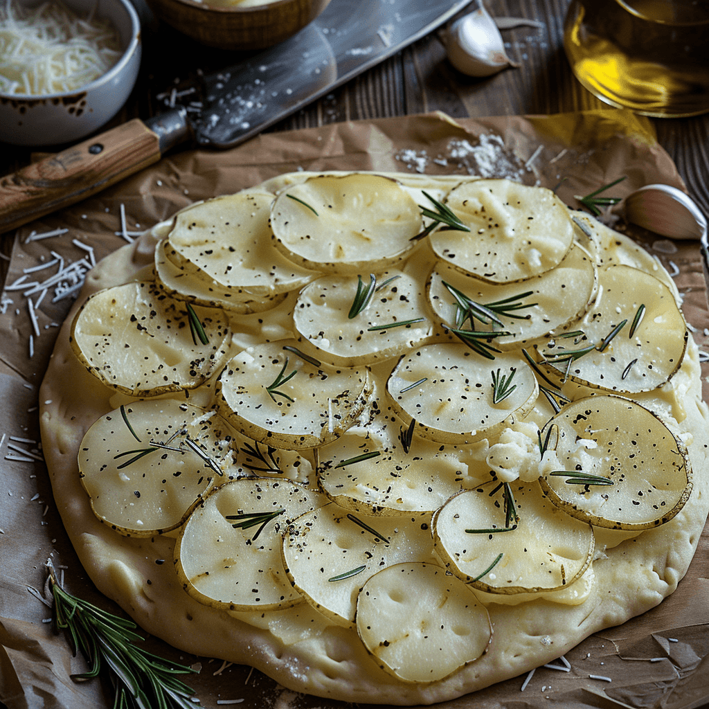 Layered potato slices on pizza dough with rosemary and cheese, prepped for baking.