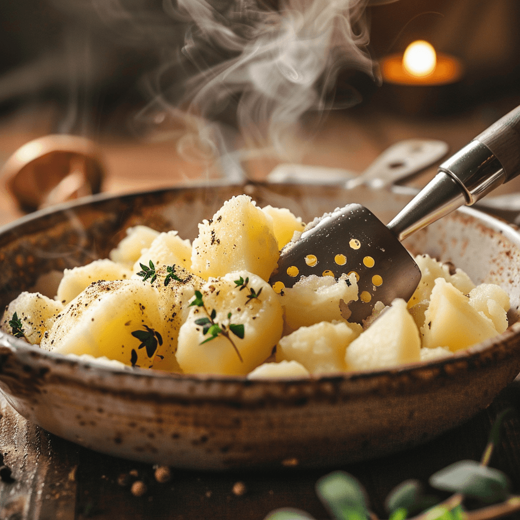 Boiled potatoes being mashed in a large bowl with a potato masher.