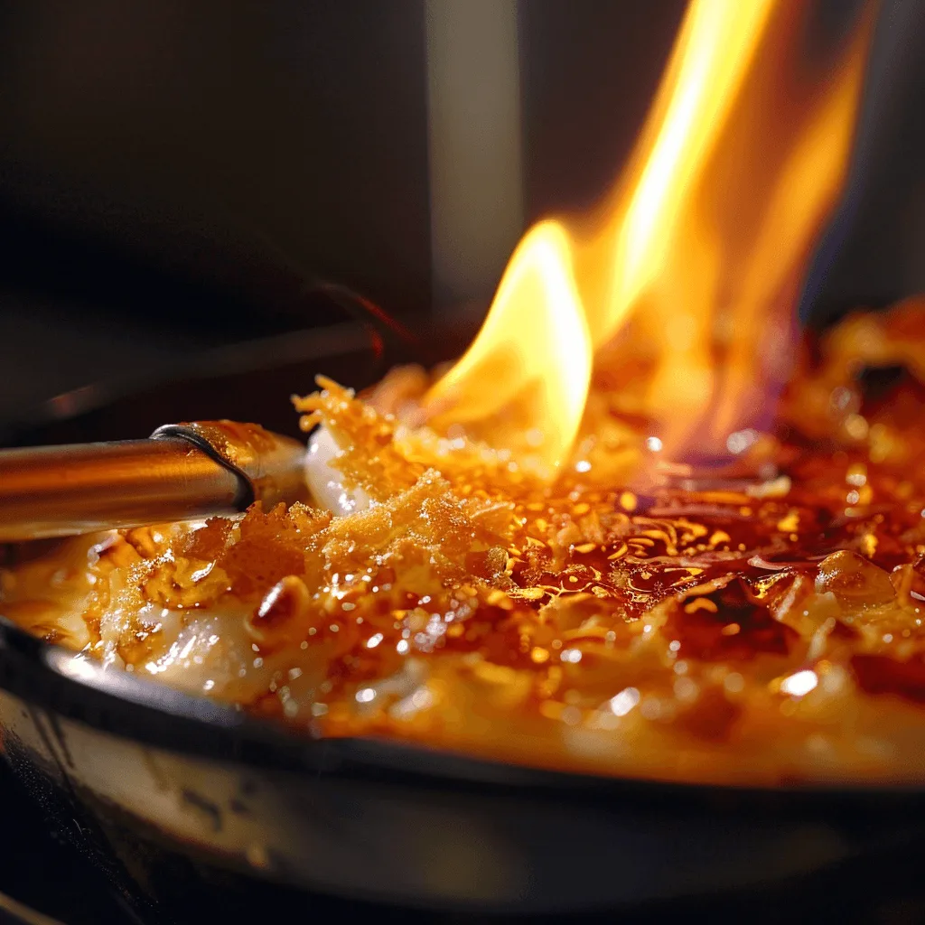 Kitchen torch caramelizing Parmesan cheese topping on crab brulee.