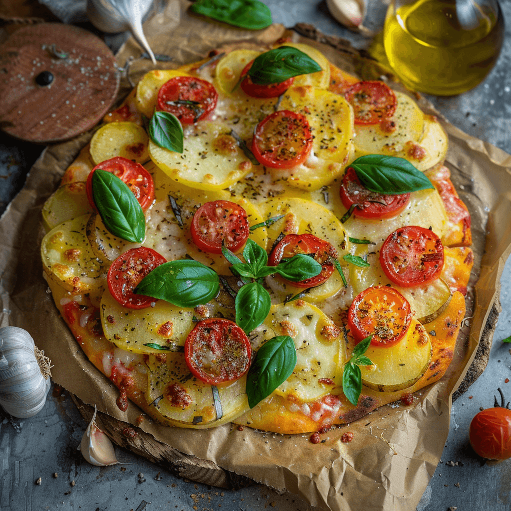 Pizza topped with mozzarella, tomato slices, and fresh basil leaves.