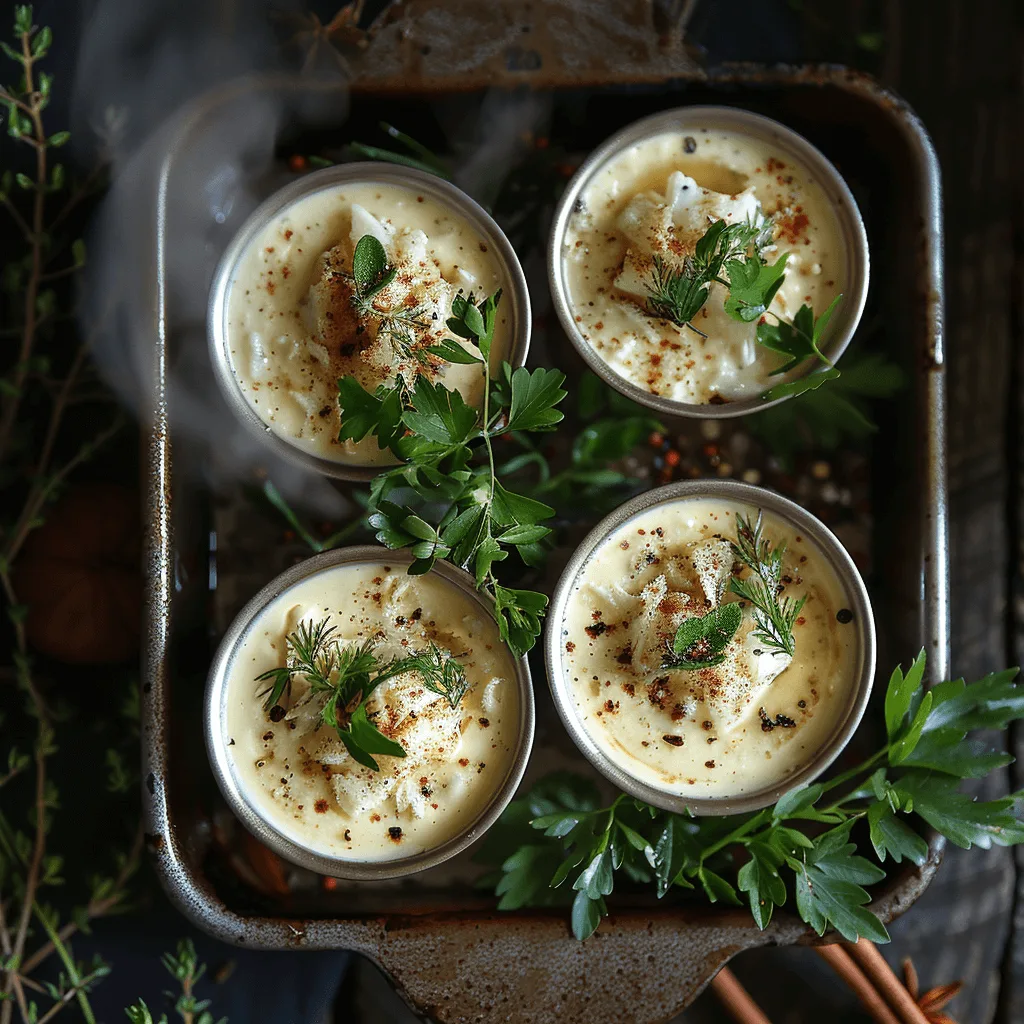 Custard mixture poured over crab meat in ramekins, ready for baking in a water bath.