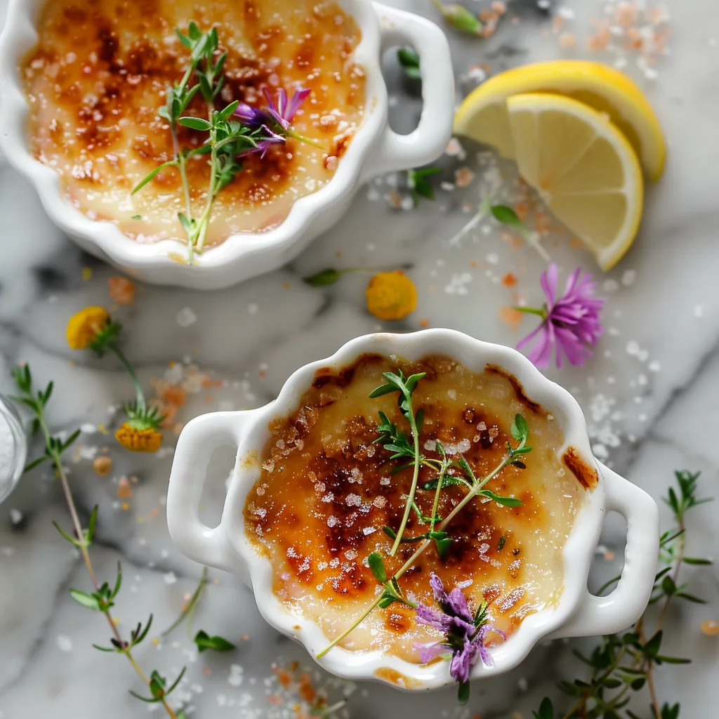 Crab brulee served in ramekins with caramelized topping and fresh herbs.