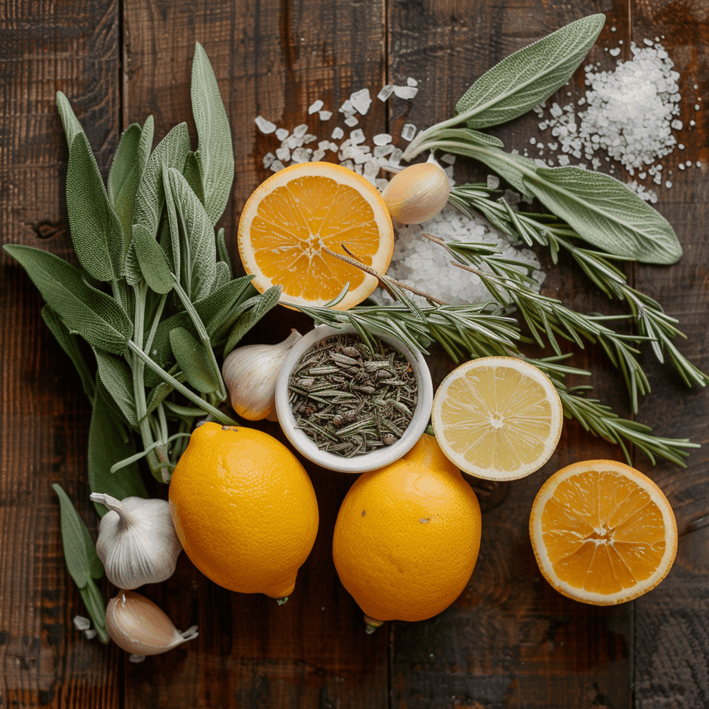 Fresh herbs, citrus fruits, garlic, kosher salt, and brown sugar arranged on a wooden kitchen counter.