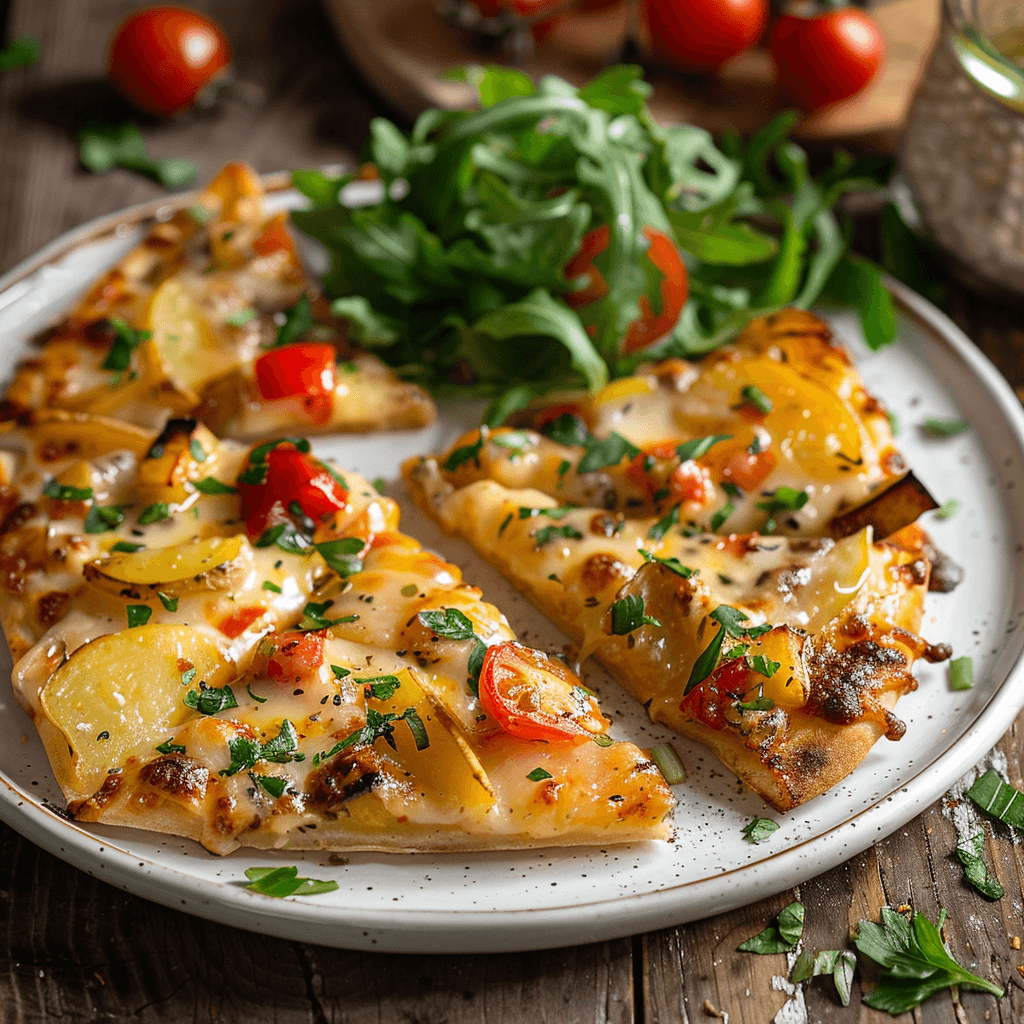 Slices of pizza served with fresh herbs and salad on a wooden board.