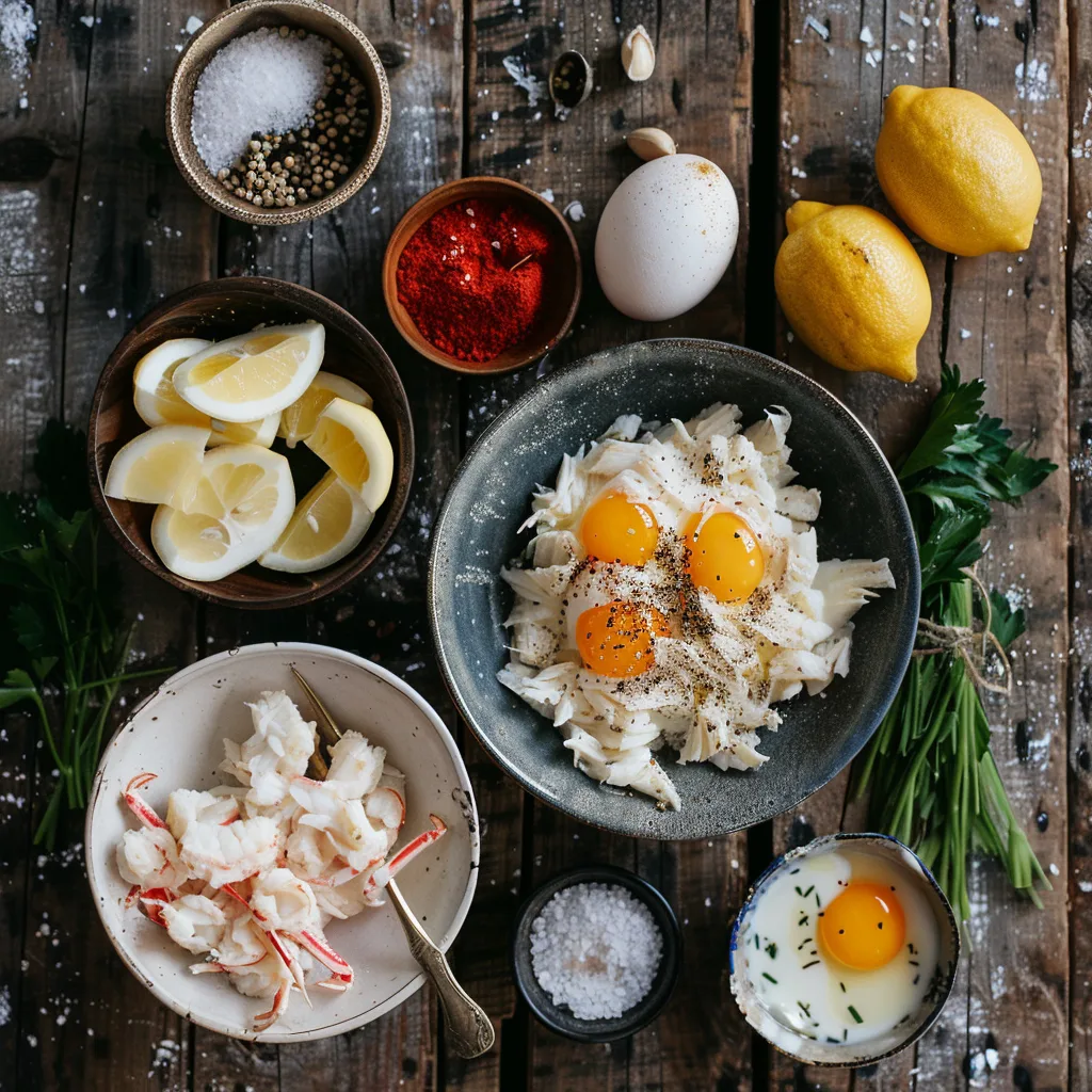 Fresh crab meat, egg yolks, cream, and seasonings arranged on a wooden kitchen counter.