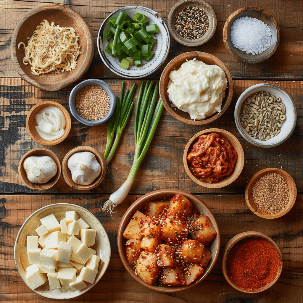 Ingredients like potatoes, kimchi, gochujang sauce, and mozzarella cheese arranged on a kitchen counter.