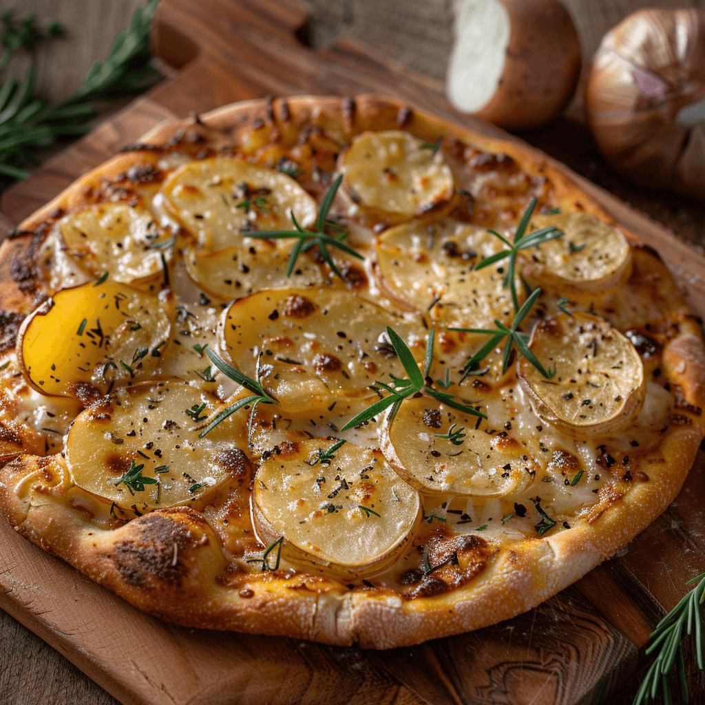 Golden-brown Italian potato pizza topped with thinly sliced potatoes and rosemary, served on a wooden cutting board.