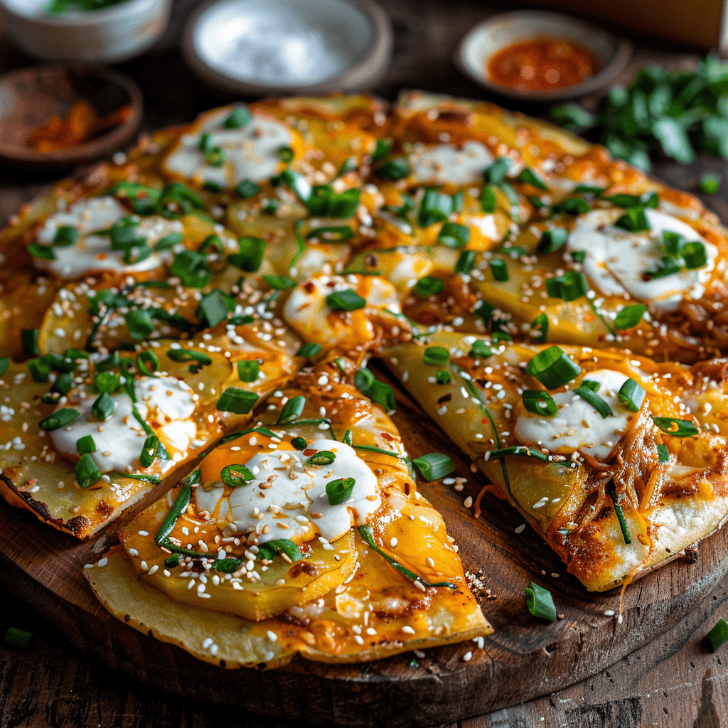 Korean-style potato pizza with crispy edges, melted cheese, and green onions on a wooden board.