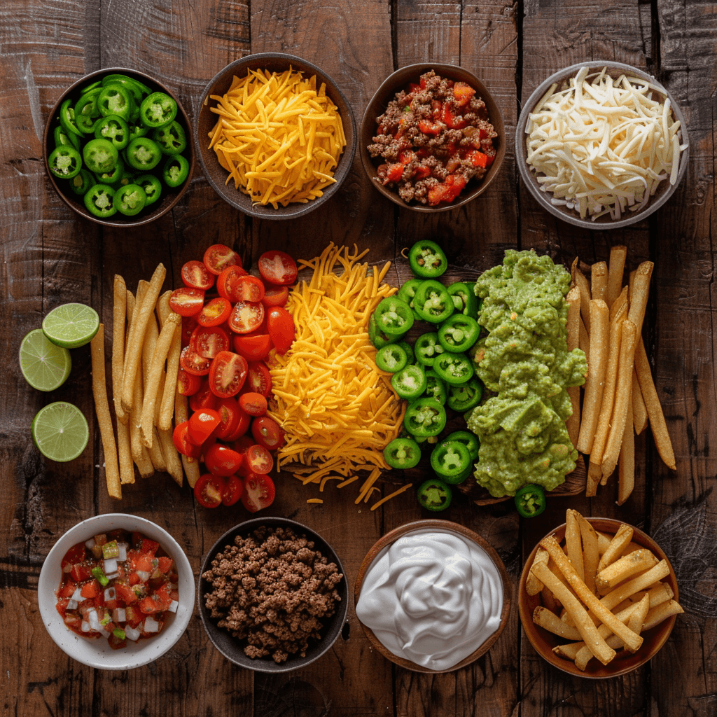 Ground beef, shredded cheese, diced tomatoes, jalapeños, guacamole, sour cream, and frozen fries arranged on a countertop.