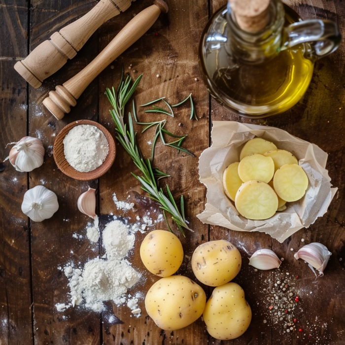 Fresh potatoes, olive oil, seasonings, and flour arranged on a wooden kitchen counter.