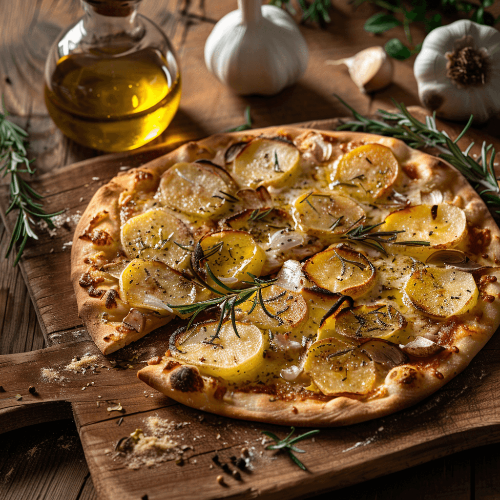 Crispy Italian potato pizza with golden crust and roasted potatoes, sliced and ready to serve.