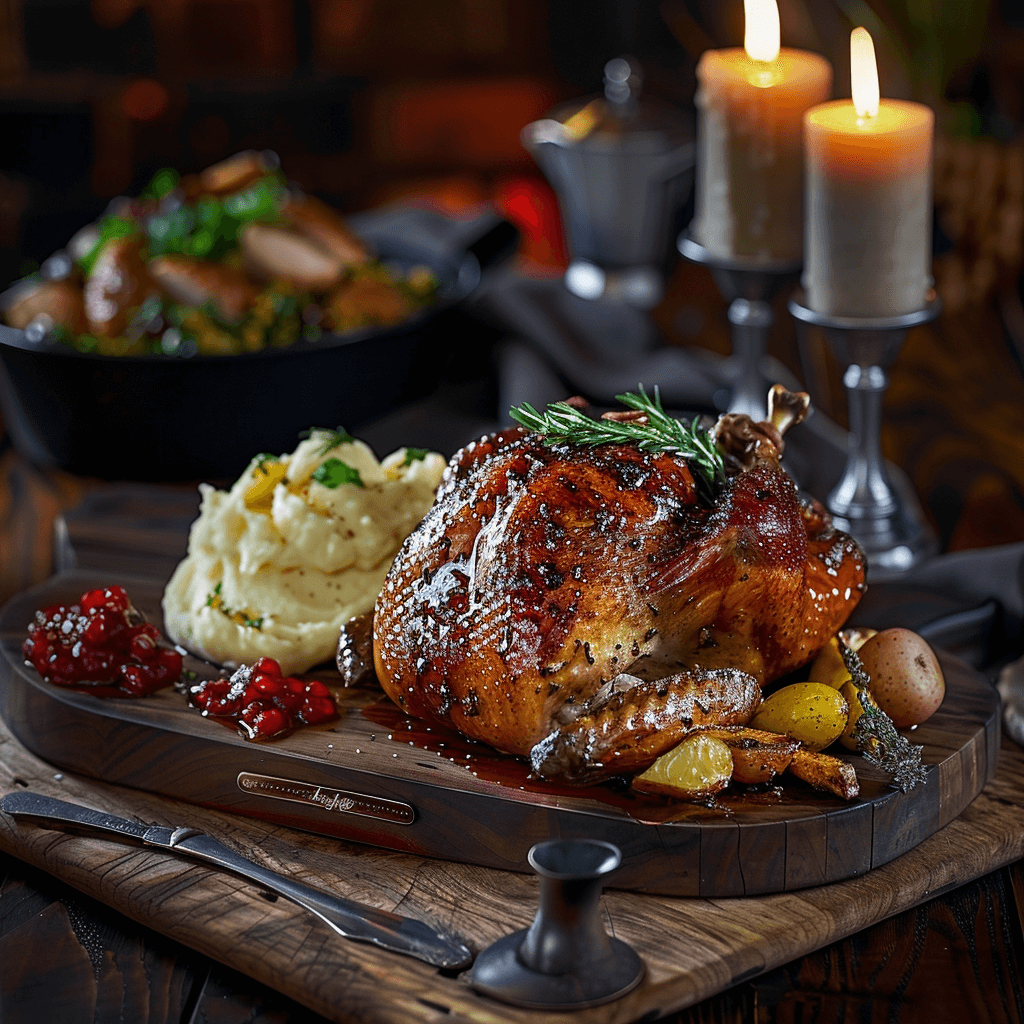 A golden-brown roasted turkey served with mashed potatoes, stuffing, and cranberry sauce.