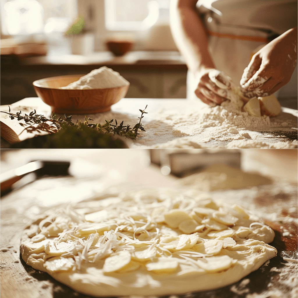 Hands kneading smooth pizza dough on a floured surface for Italian potato pizza crust.