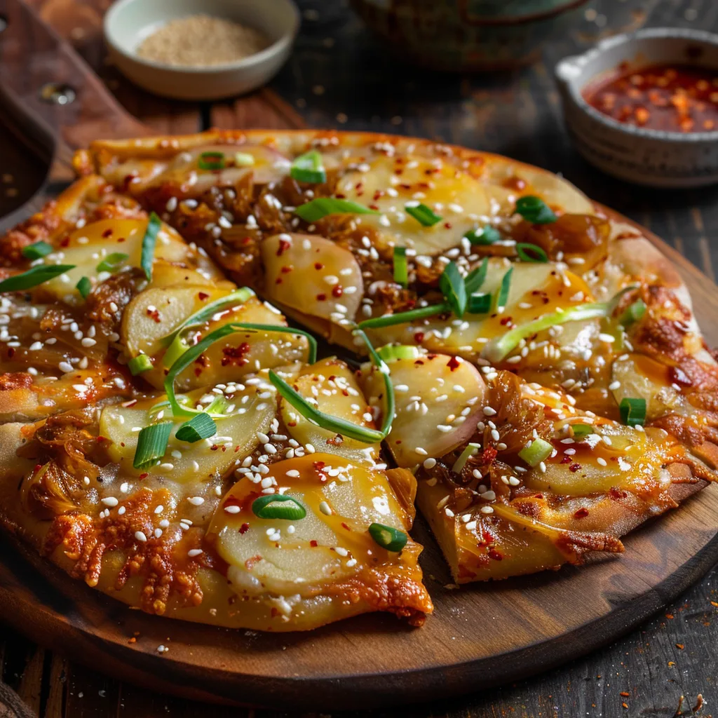 Korean-style potato pizza topped with kimchi, melted mozzarella, and green onions, served on a wooden board.