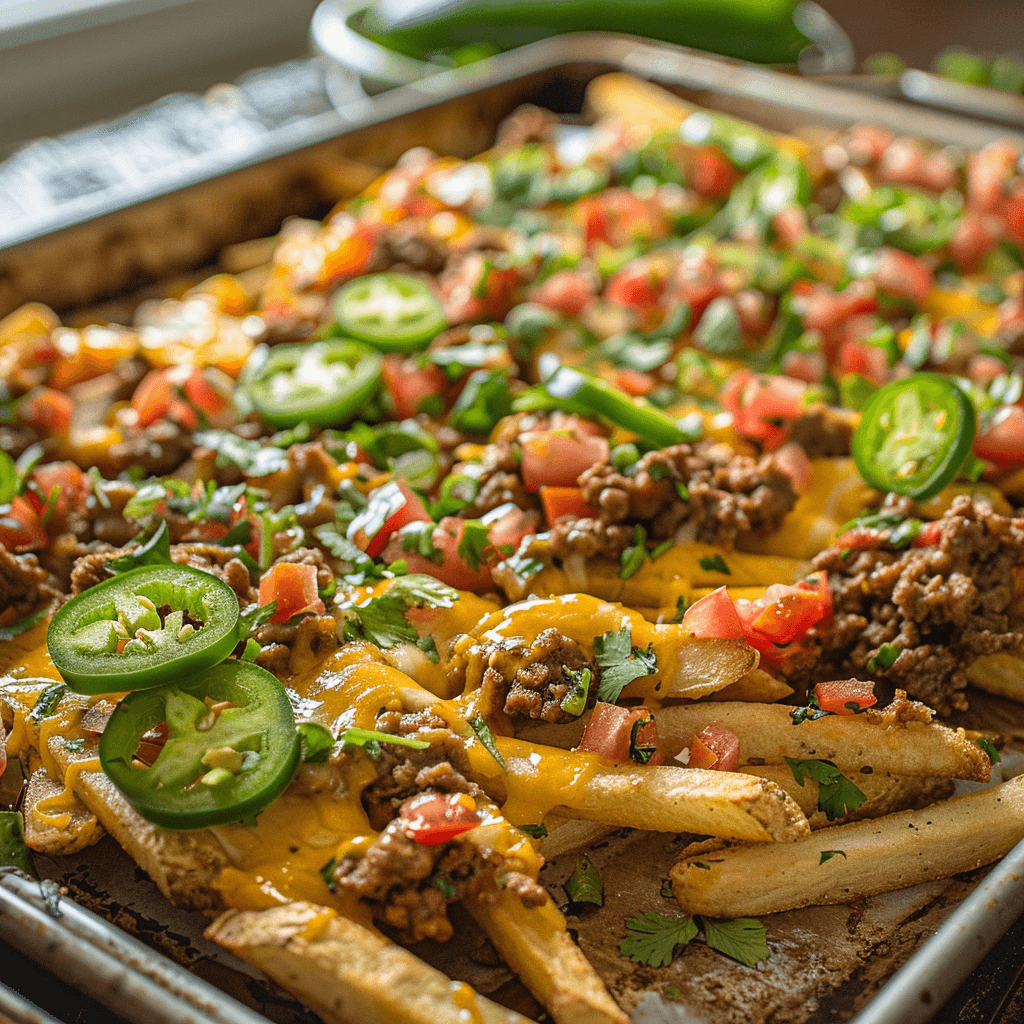 Crispy fries on a baking sheet topped with seasoned taco meat, shredded cheese, and jalapeños before baking.