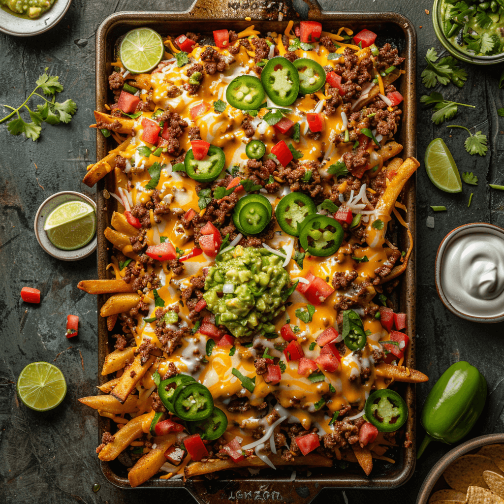 Loaded taco salad fries topped with ground beef, melted cheese, tomatoes, jalapeños, and guacamole, served on a baking sheet.