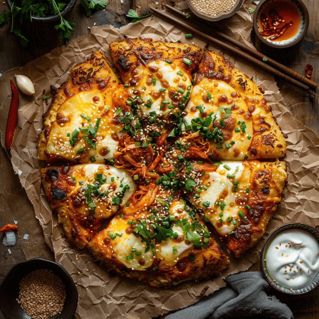 Kimchi, bulgogi, and mozzarella layered over potato dough on a baking sheet.