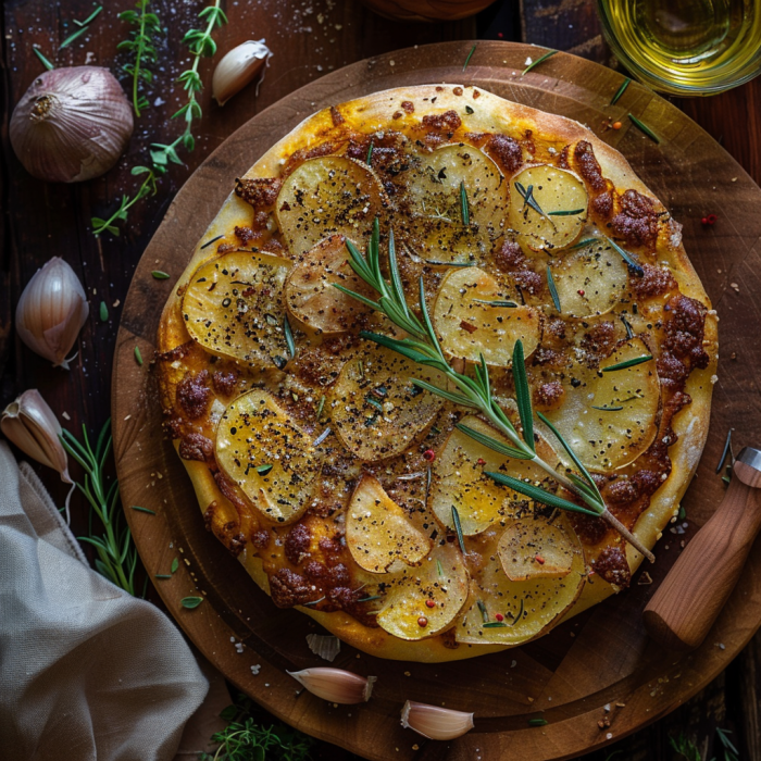 Ultra-HD image of a freshly baked potato pizza base on parchment paper, surrounded by ingredients like sliced potatoes, rosemary, garlic, and sea salt on a rustic wooden table.