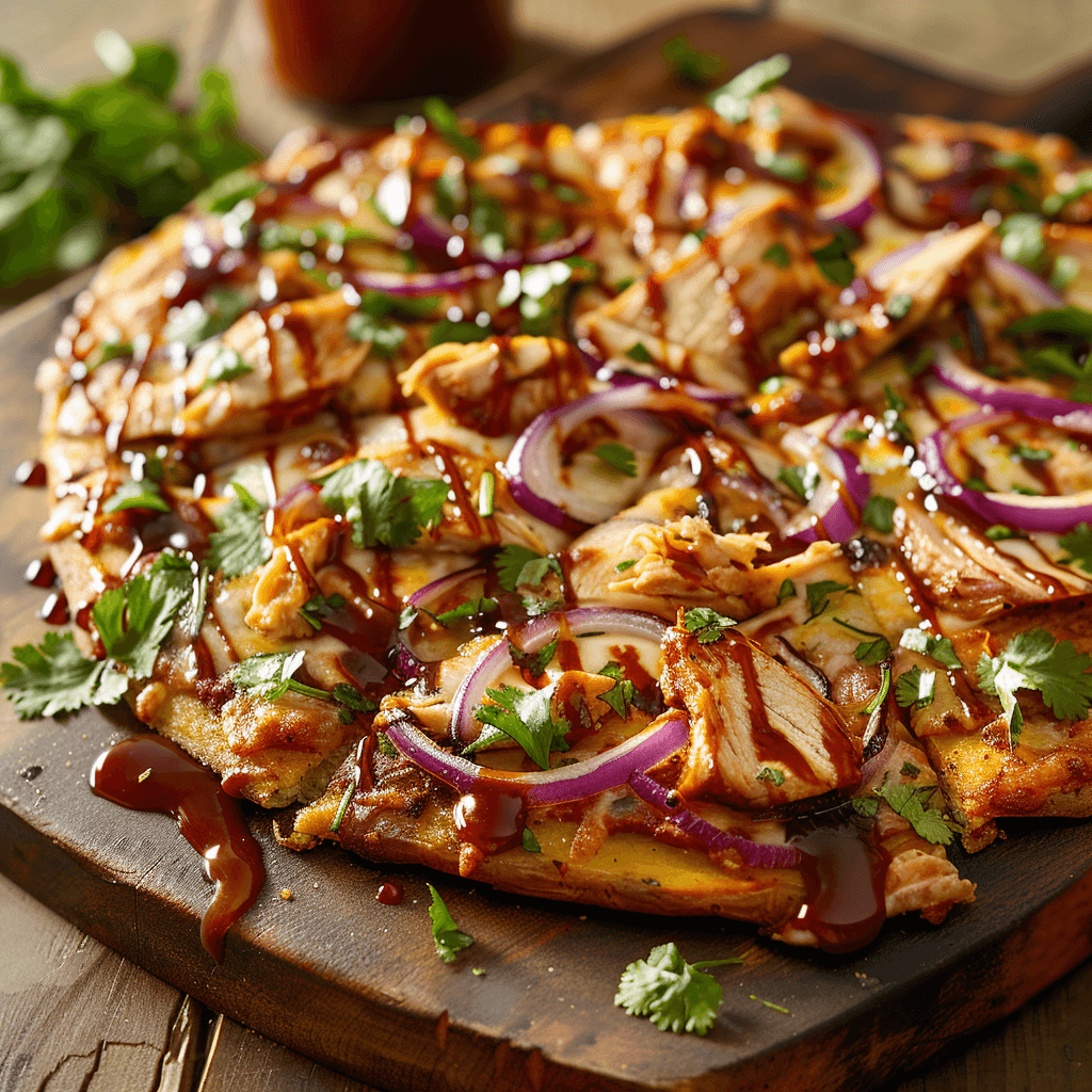 Pizza topped with grilled chicken, barbecue sauce, and red onions.