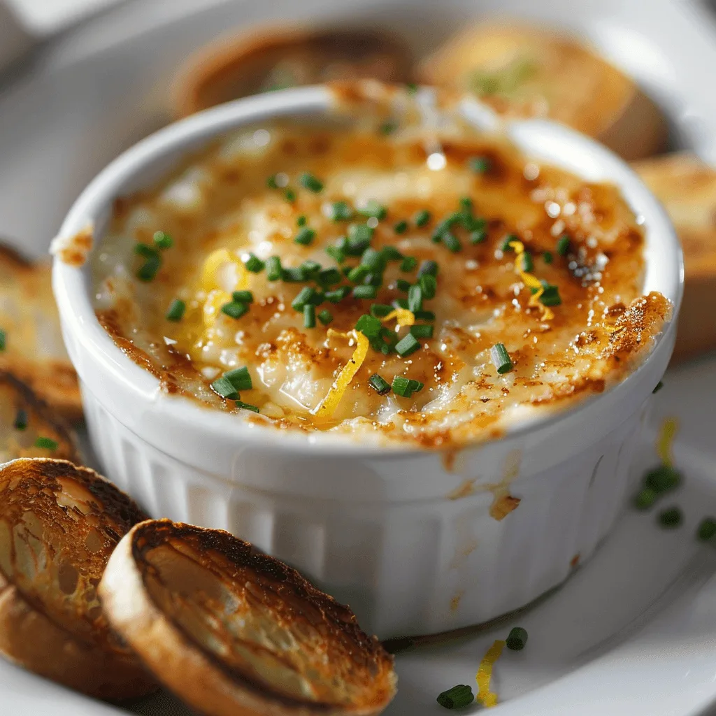 Crab brulee served with chives, lemon zest, and crostini on a white plate.