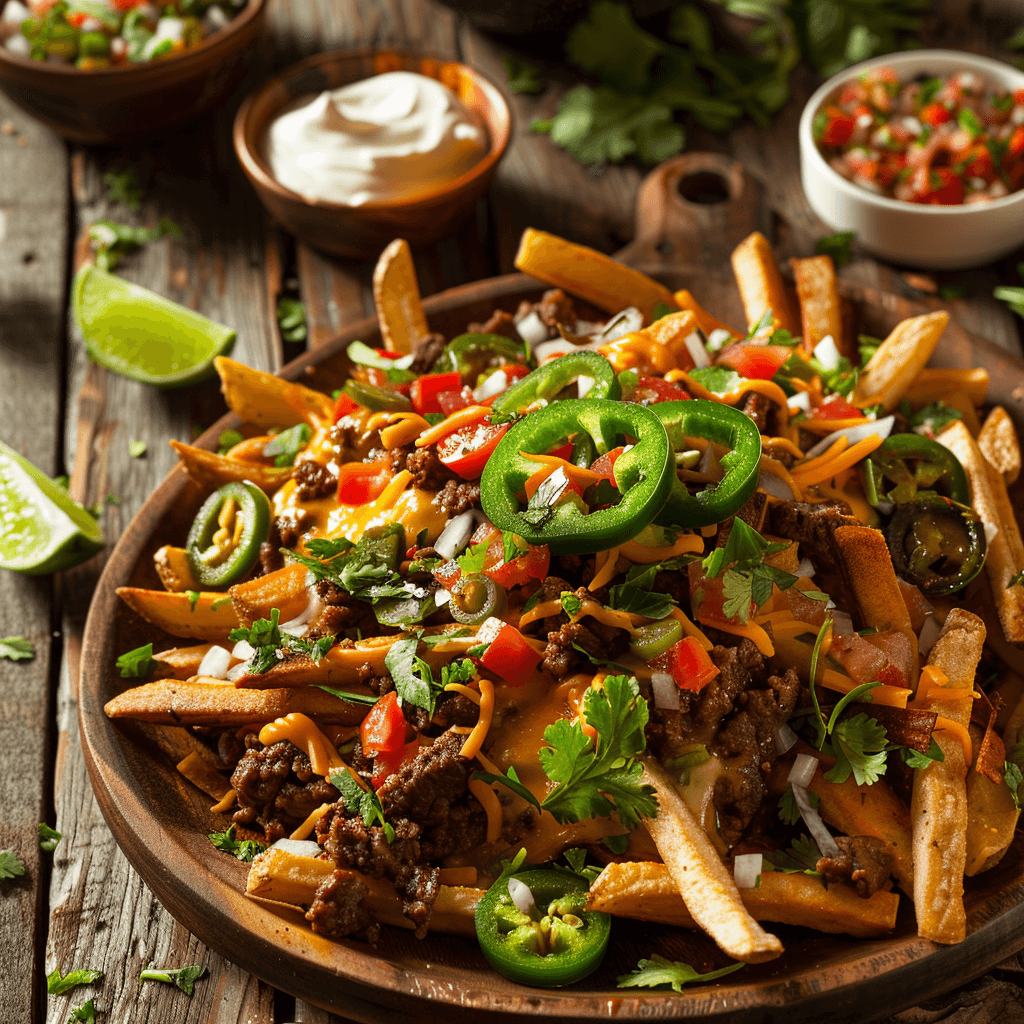 Loaded taco salad fries served with a side of salsa, guacamole, and sour cream on a wooden table.