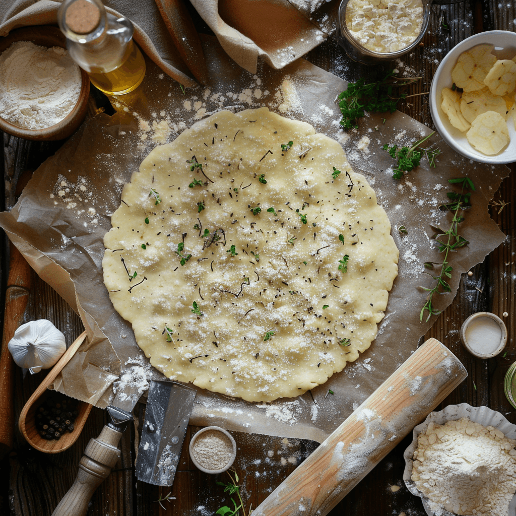 Flattened potato dough rolled out on parchment paper.