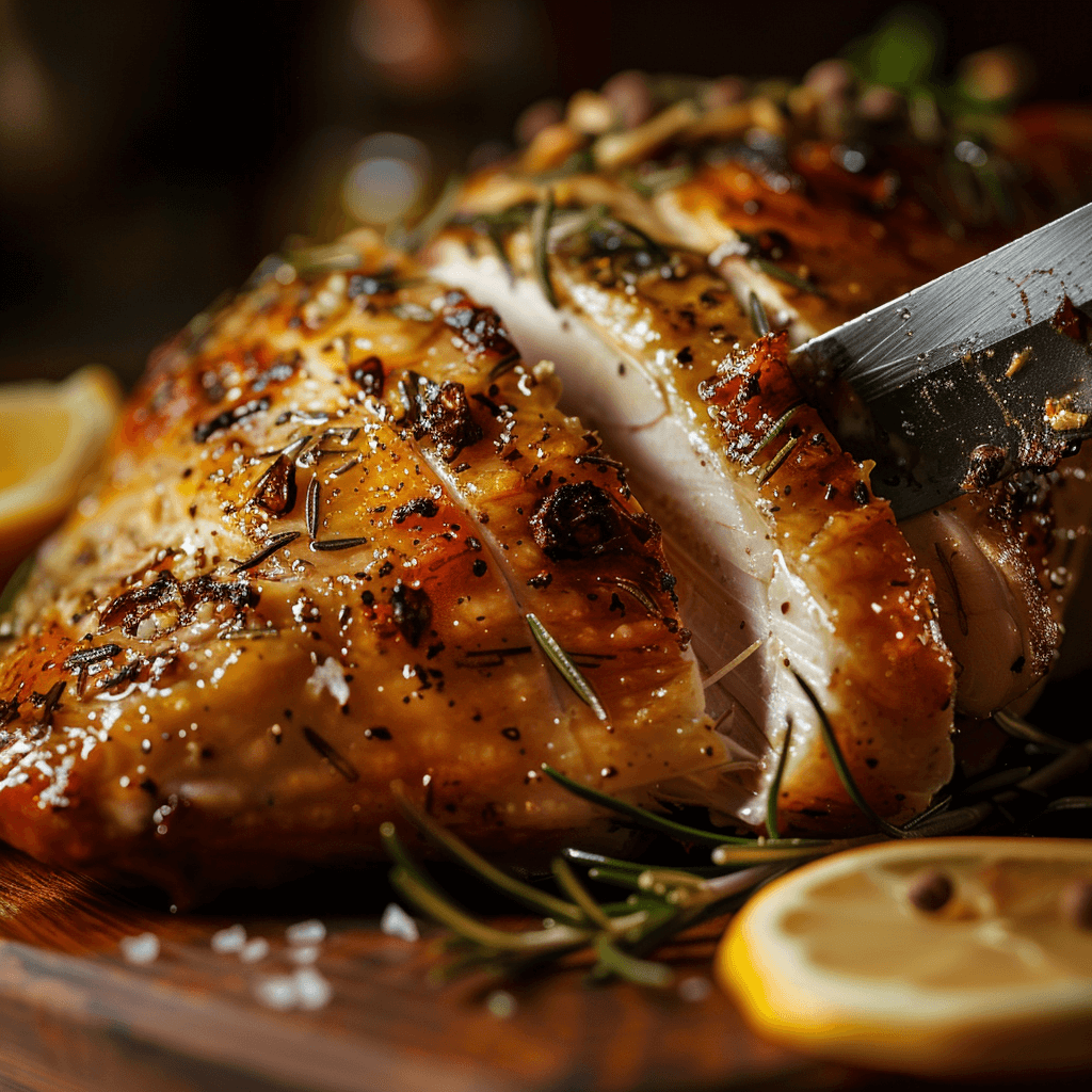 A knife slicing into a juicy turkey breast prepared with a flavorful brine.