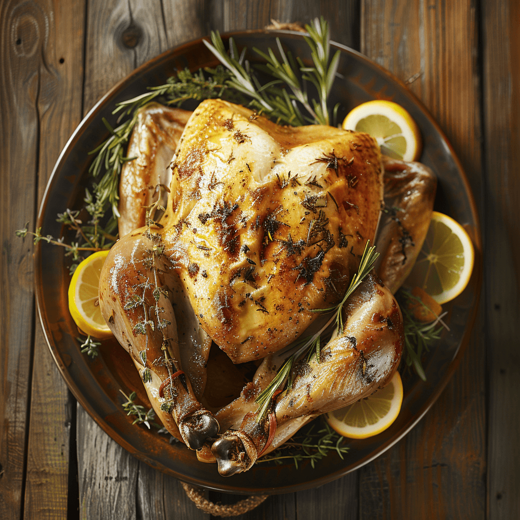 A whole roasted turkey with golden, crispy skin garnished with herbs and lemon slices.