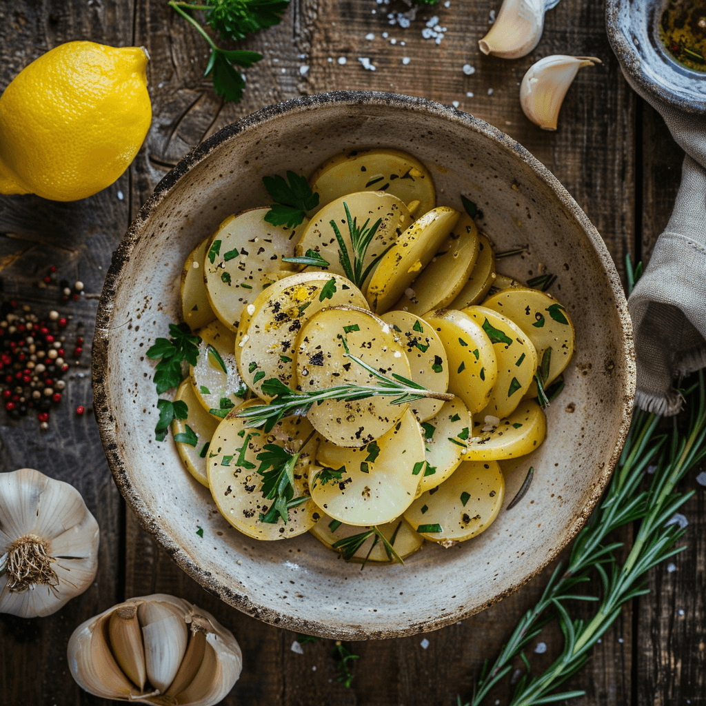 Thin potato slices seasoned with olive oil, rosemary, salt, and pepper in a mixing bowl.