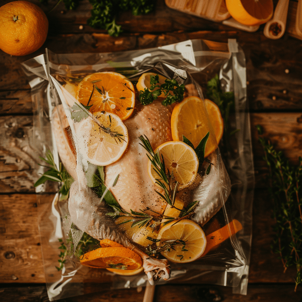 A raw turkey submerged in a brining bag filled with seasoned water and sliced lemons.