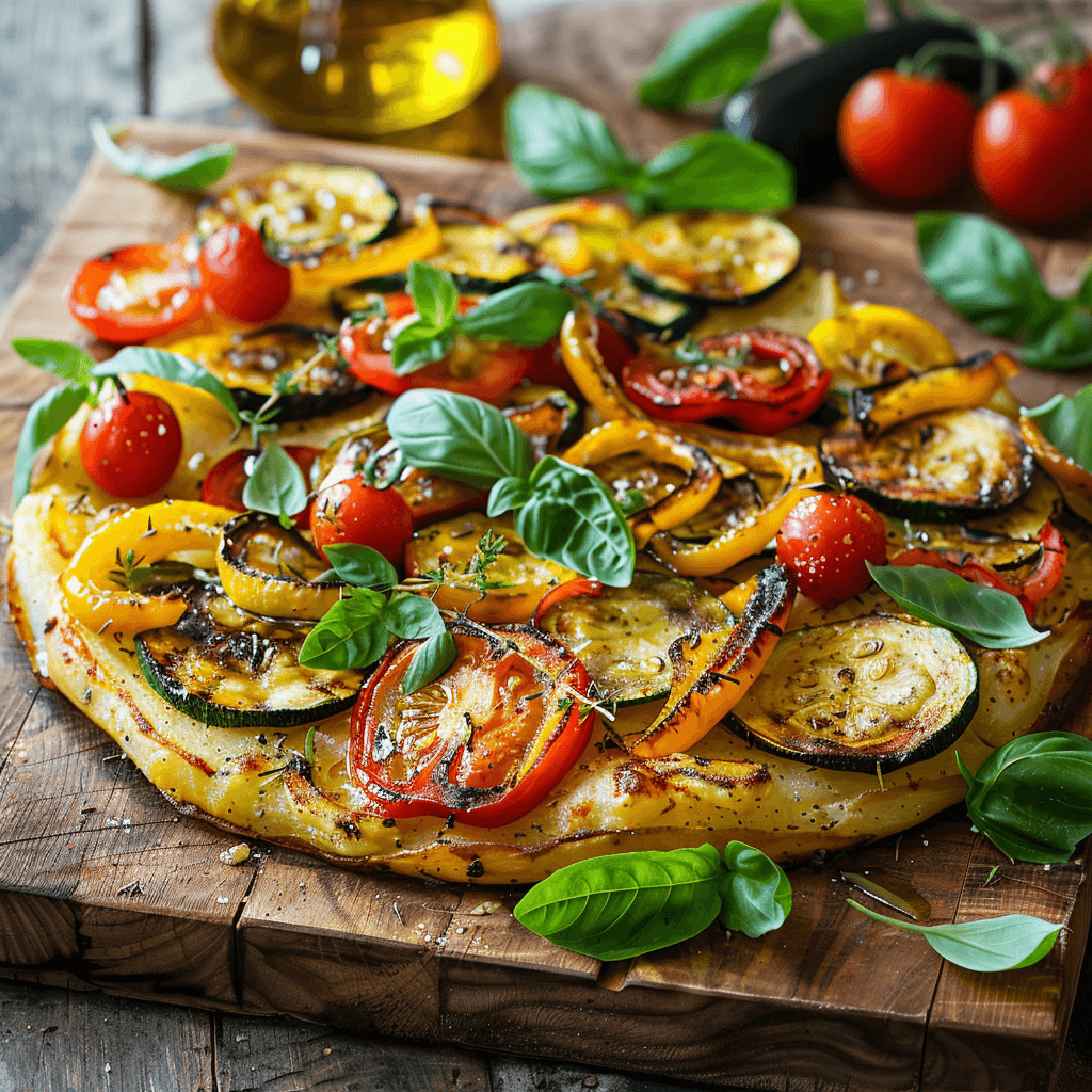 Colorful vegan pizza topped with zucchini, bell peppers, and cherry tomatoes.