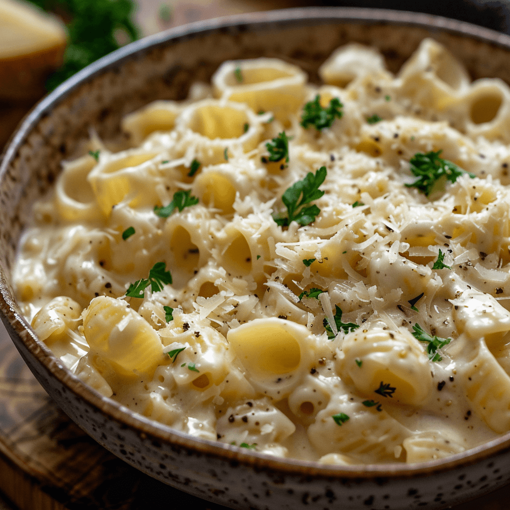 Creamy Cellentani pasta with béchamel sauce, garnished with parsley and Parmesan cheese.