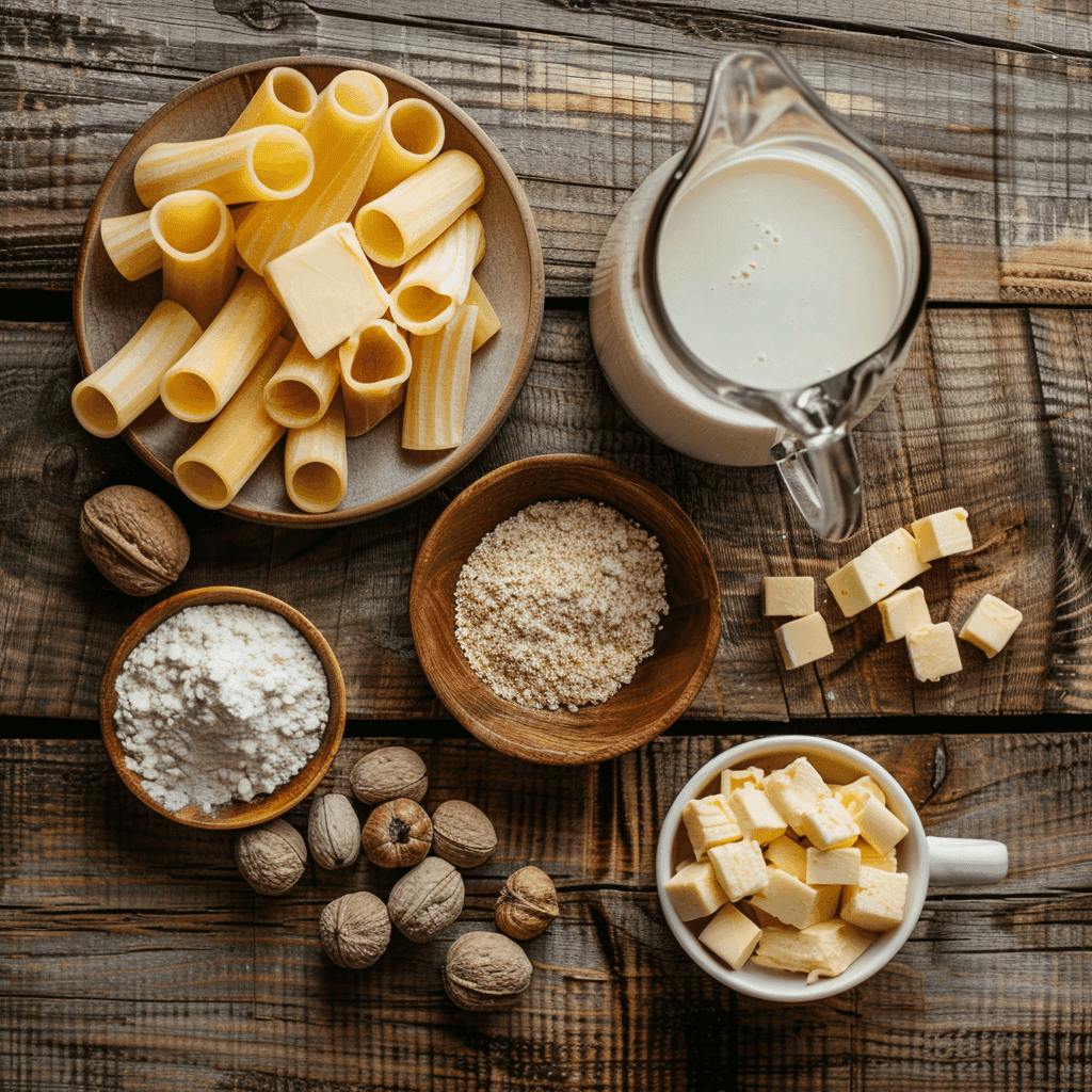 Ingredients for Cellentani with béchamel sauce, including pasta, butter, flour, milk, and spices.