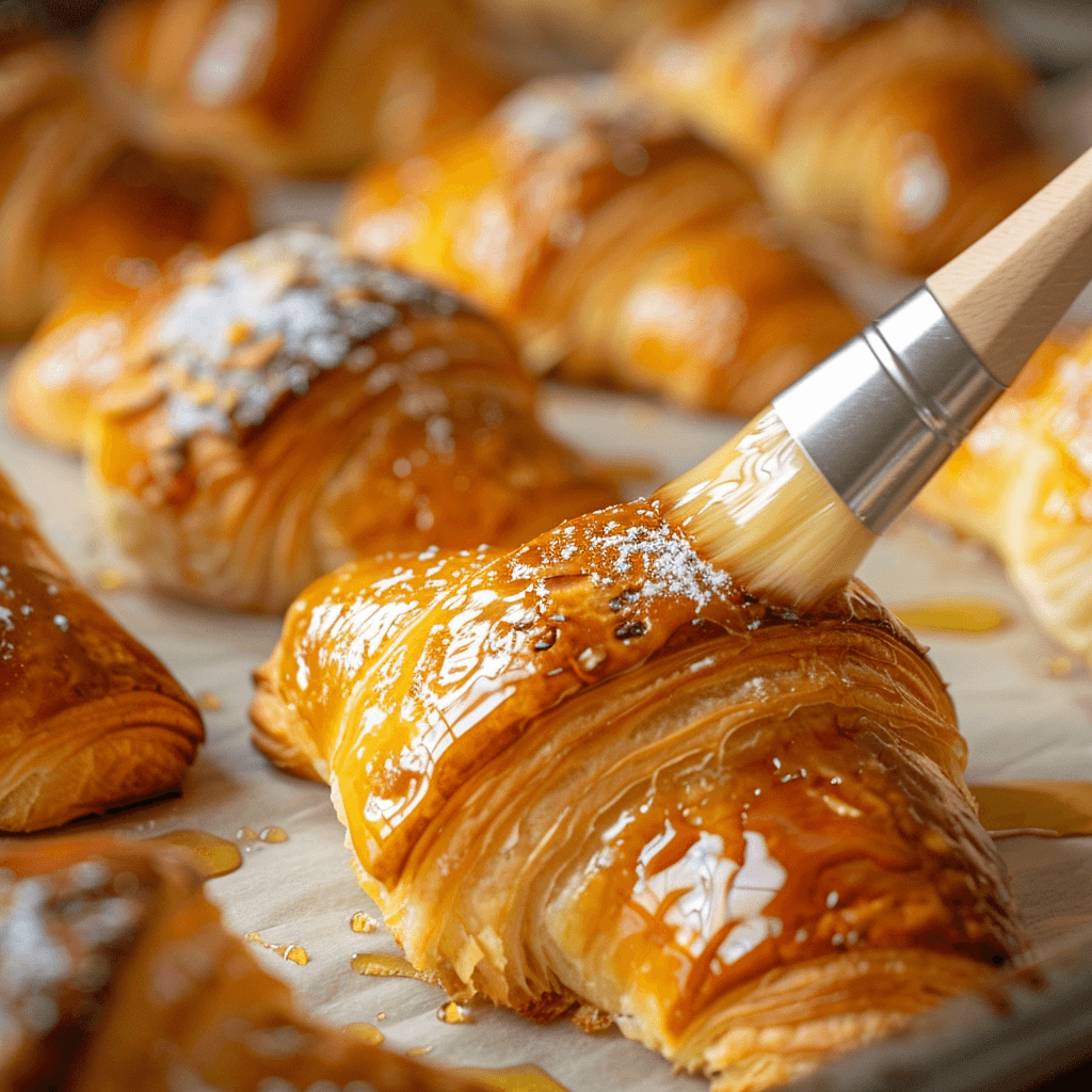  croissants being filled with almond cream and brushed with syrup.