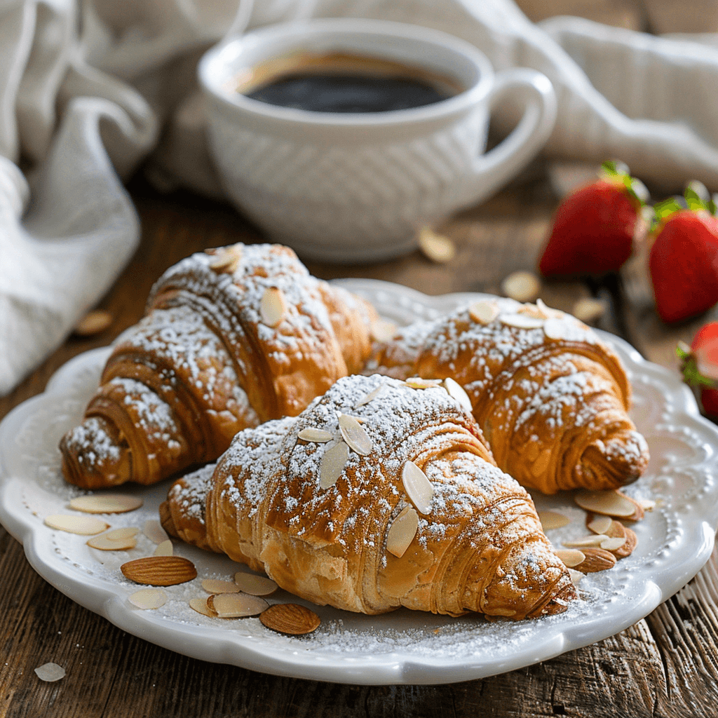 Almond croissants served on a plate with coffee, strawberries, and powdered sugar.