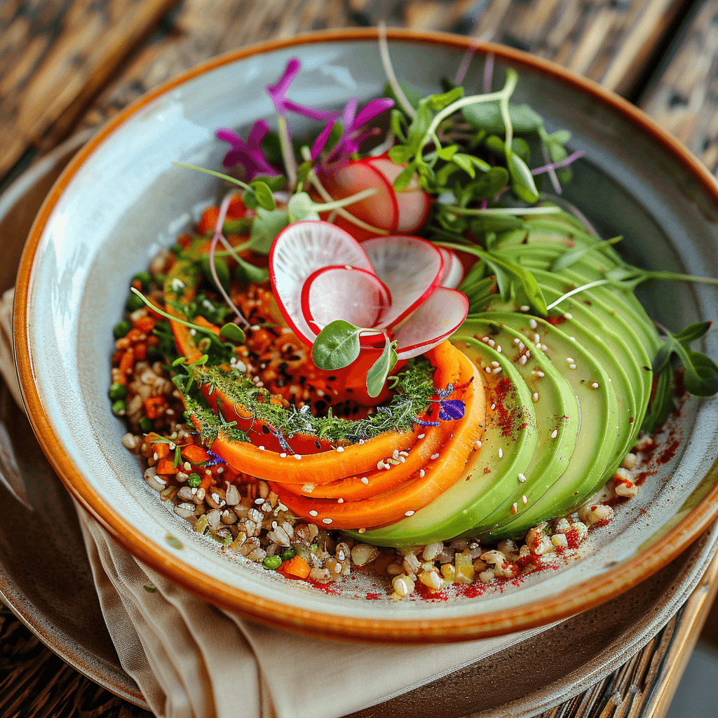 A vibrant plate of roasted vegetables, grains, and avocado slices arranged neatly for mindful eating.