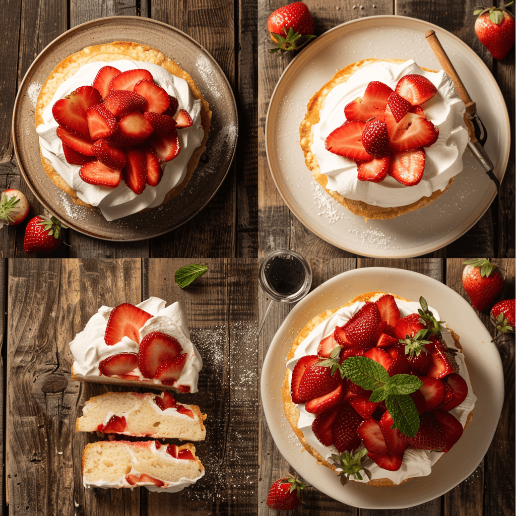 Assembling strawberry shortcakes with juicy strawberries, whipped cream, and a garnish of strawberry slices and mint leaves.