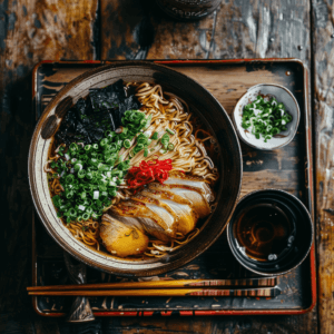 A fully assembled bowl of Okinawa Soba with noodles, broth, pork, and toppings.