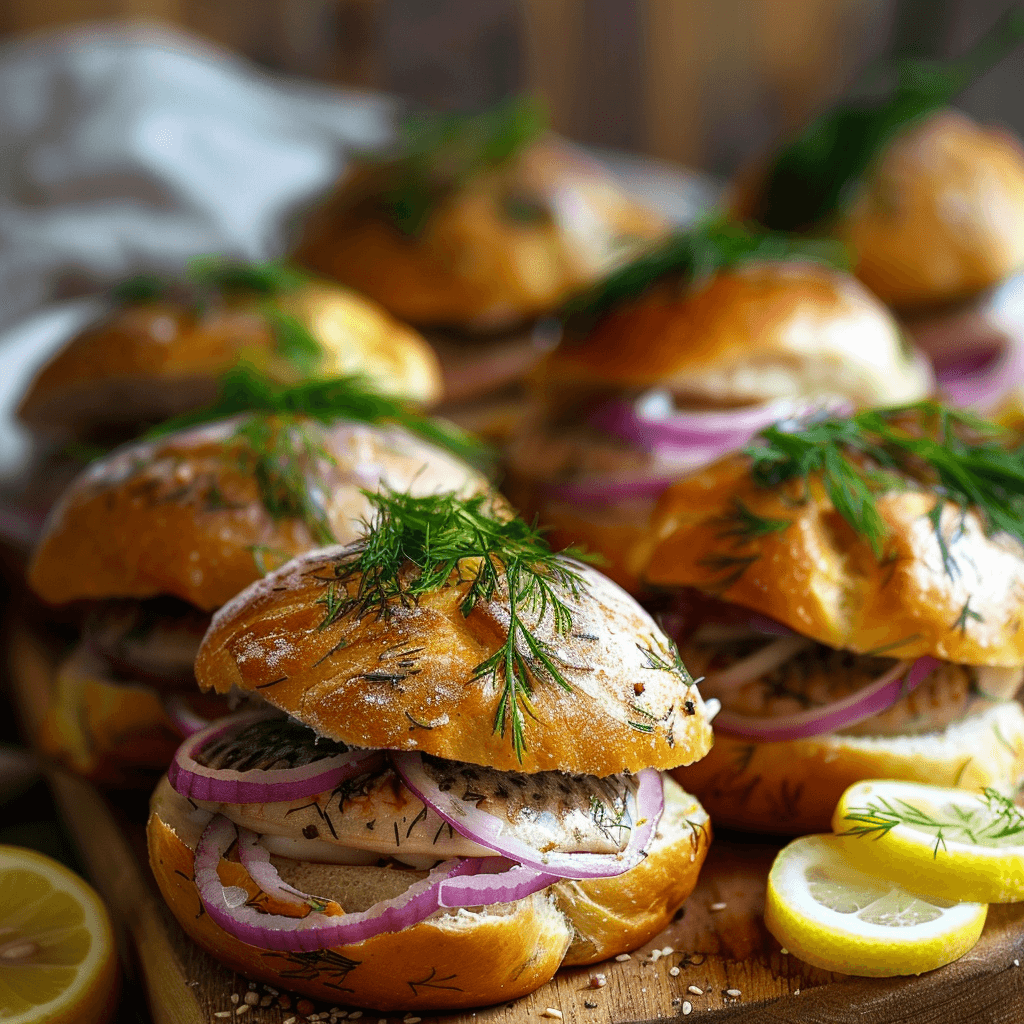 A close-up of Matjesbrötchen rolls being assembled with herring, onions, and fresh dill.