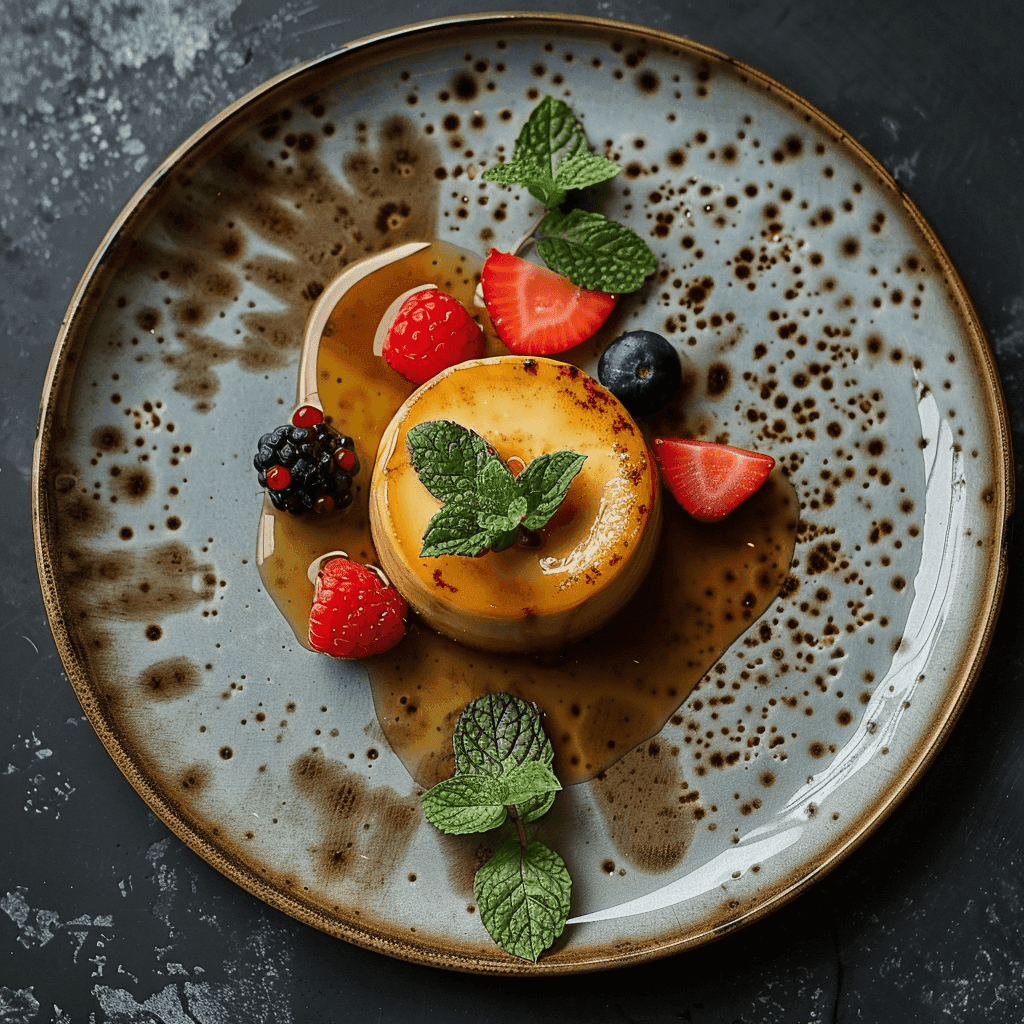 Golden Tocinillo de Cielo caramel custard with fresh berries and mint garnish