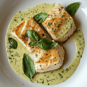 Golden-brown baked sturgeon fillets topped with creamy basil sauce, garnished with fresh basil leaves and lemon slices.