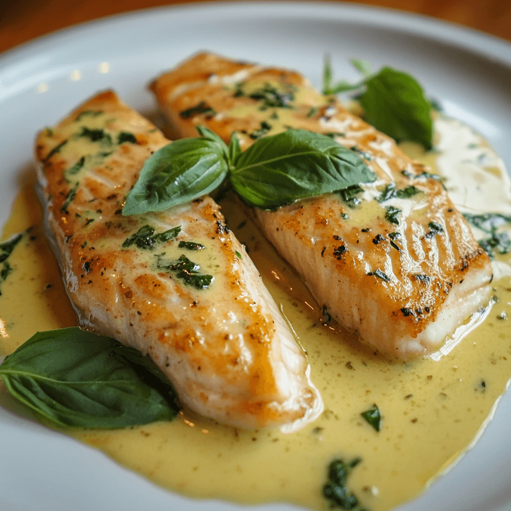 Baked Sturgeon with Basil Sauce on a white plate, garnished with fresh basil leaves.