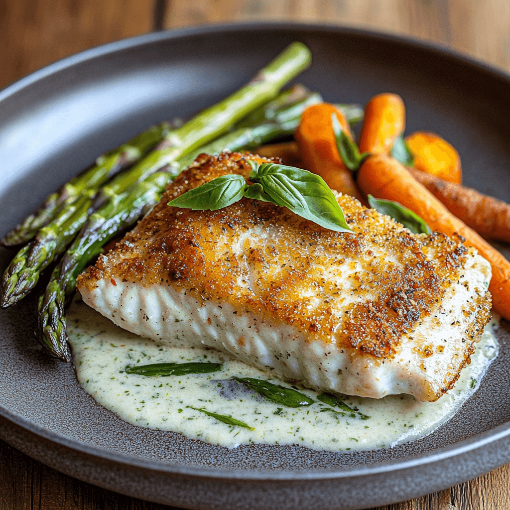 Baked Sturgeon with Basil Sauce served with roasted vegetables.