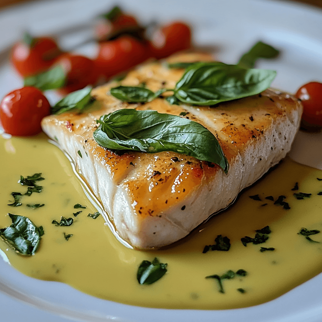 Baked sturgeon fillet covered in basil sauce served with roasted cherry tomatoes.