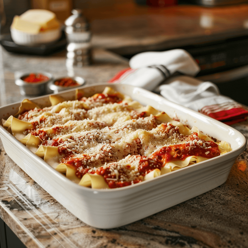 Baking dish filled with lasagna rollups, topped with marinara sauce and mozzarella, ready to bake.