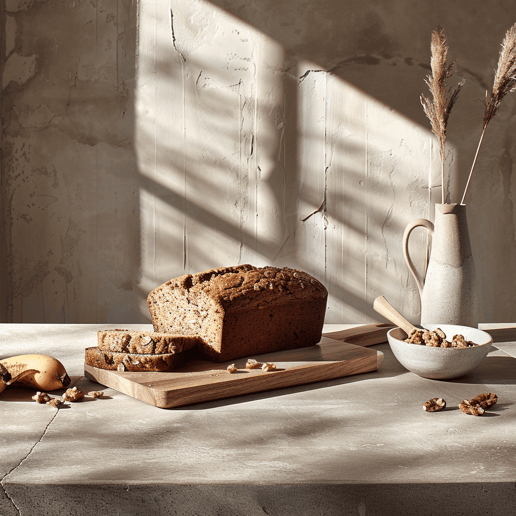 Freshly baked banana bread slices on a wooden board.