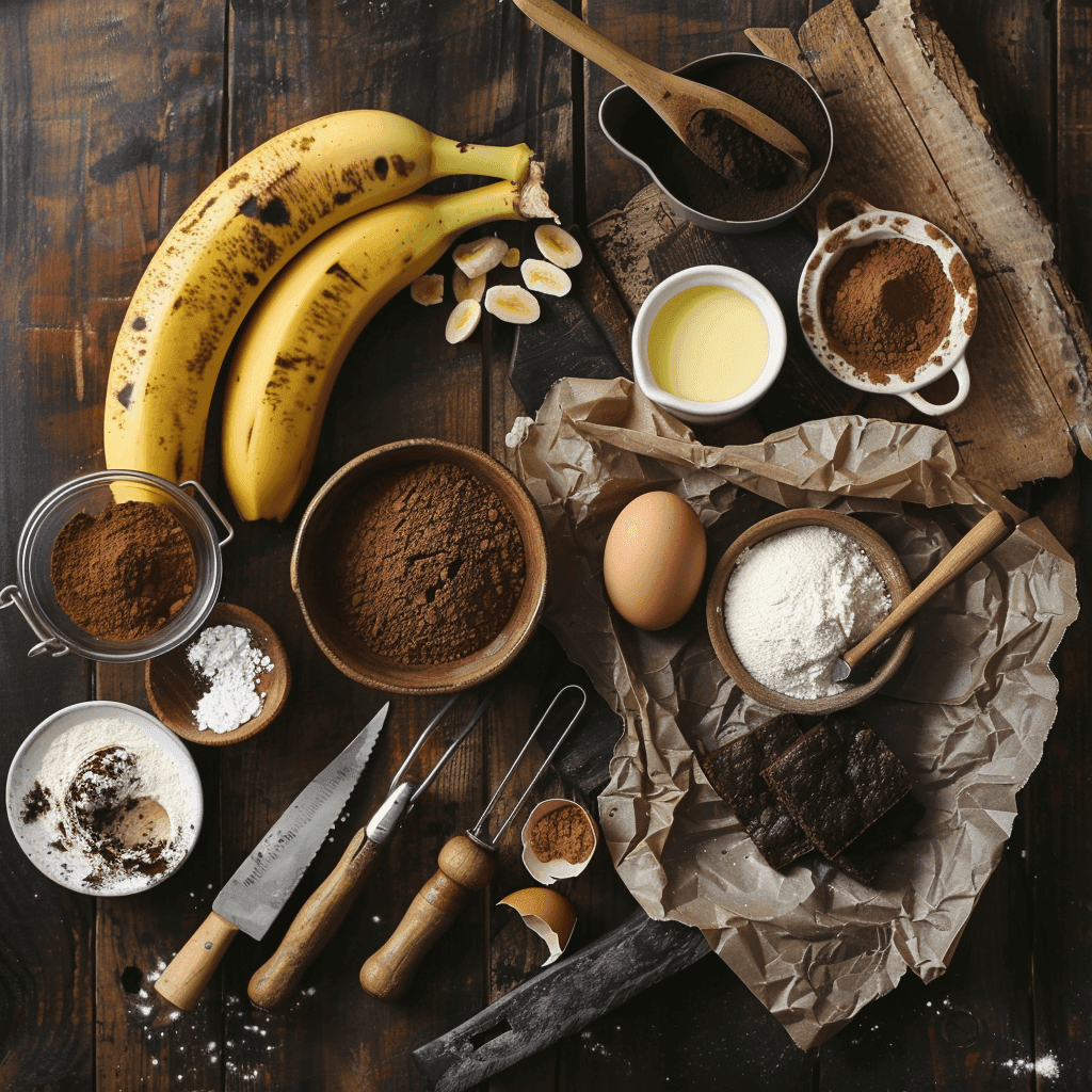 Ingredients for banana brownies including ripe bananas, cocoa powder, flour, eggs, butter, sugar, and vanilla extract arranged on a wooden countertop.