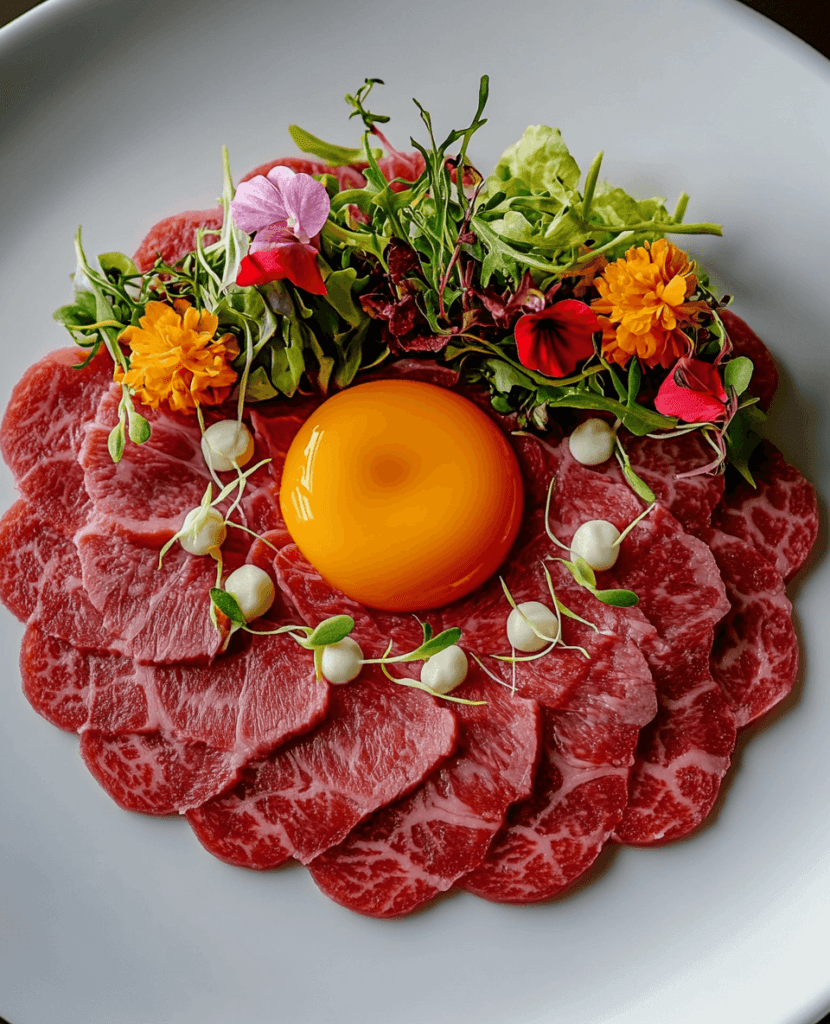 A beautifully arranged platter of beef carpaccio with eggs, featuring thinly sliced raw beef, fresh eggs, and grated Parmesan cheese on a bed of crisp lettuce.