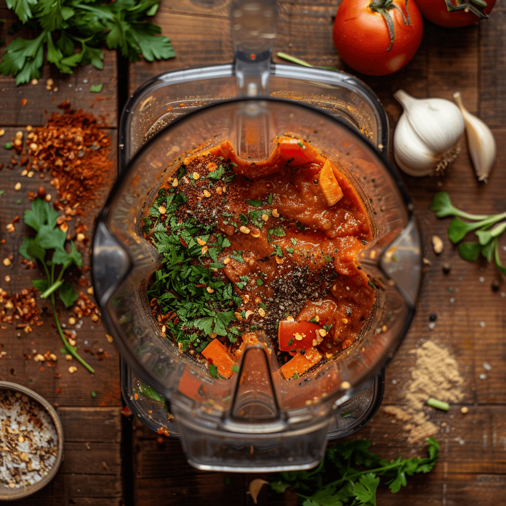 Red enchilada sauce being blended with roasted tomatoes, garlic, and dried chilies in a blender.