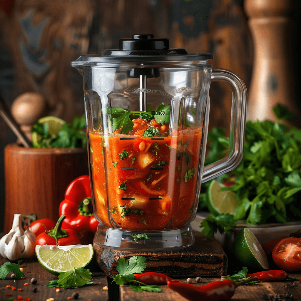 A blender filled with tomatoes, chilies, garlic, and chicken broth ready to make enchilada sauce.